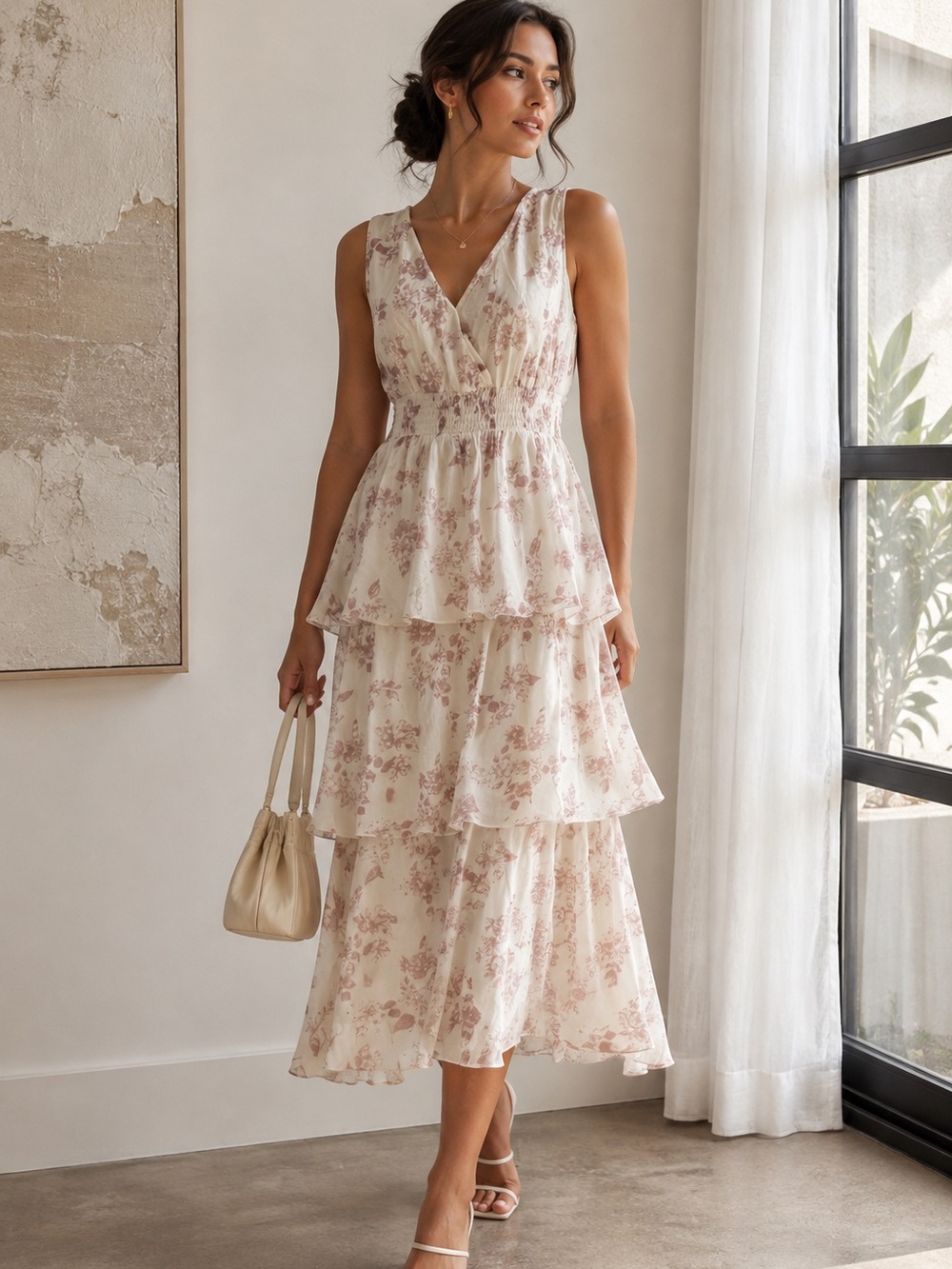 J. Gee Floral Tiered Midi Dress | Romantic Cottagecore | Size L